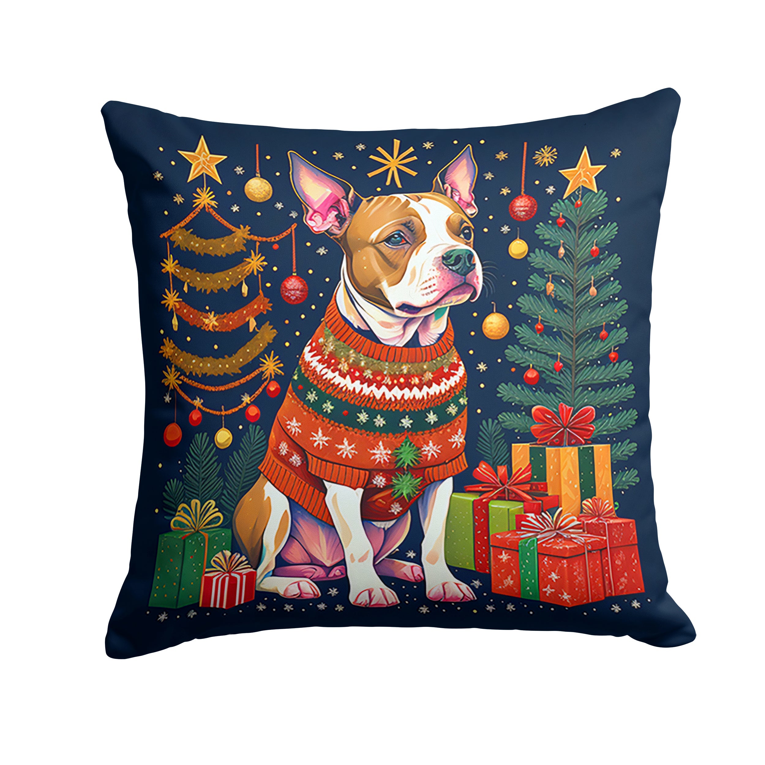 Pit Bull Terrier Christmas Decorative Throw Pillow 18x18 Indoor Outdoor Accent Cushion, Fabric Cover with Insert for Sofa, Bed, Porch & Living Room