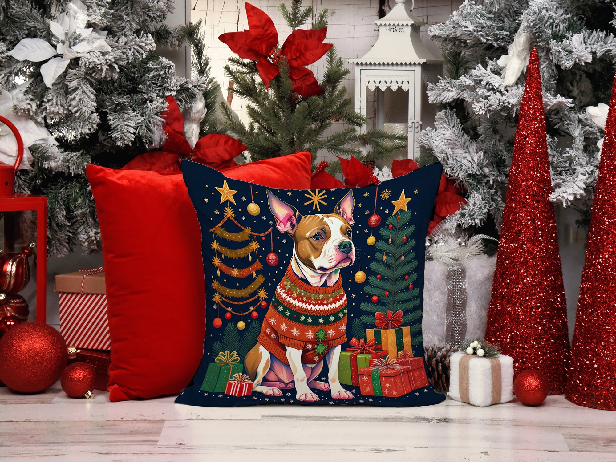 Pit Bull Terrier Christmas Decorative Throw Pillow 18x18 Indoor Outdoor Accent Cushion, Fabric Cover with Insert for Sofa, Bed, Porch & Living Room