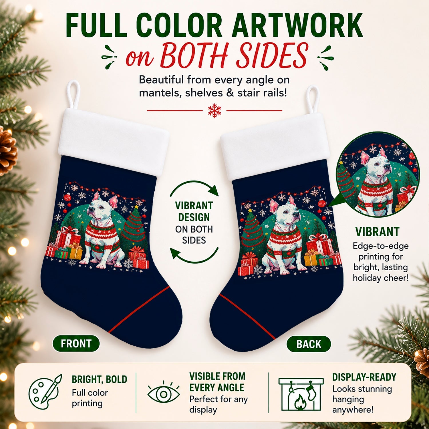 White Pit Bull Terrier Christmas Holiday Stocking Double-Sided Print, Polyester Suede,11x18, Made in USA