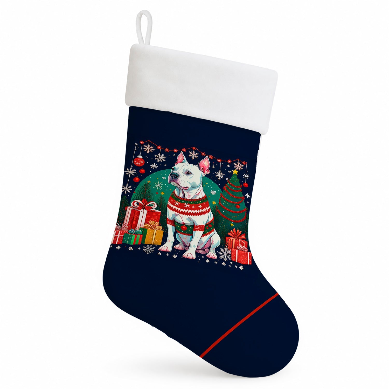 White Pit Bull Terrier Christmas Holiday Stocking Double-Sided Print, Polyester Suede,11x18, Made in USA