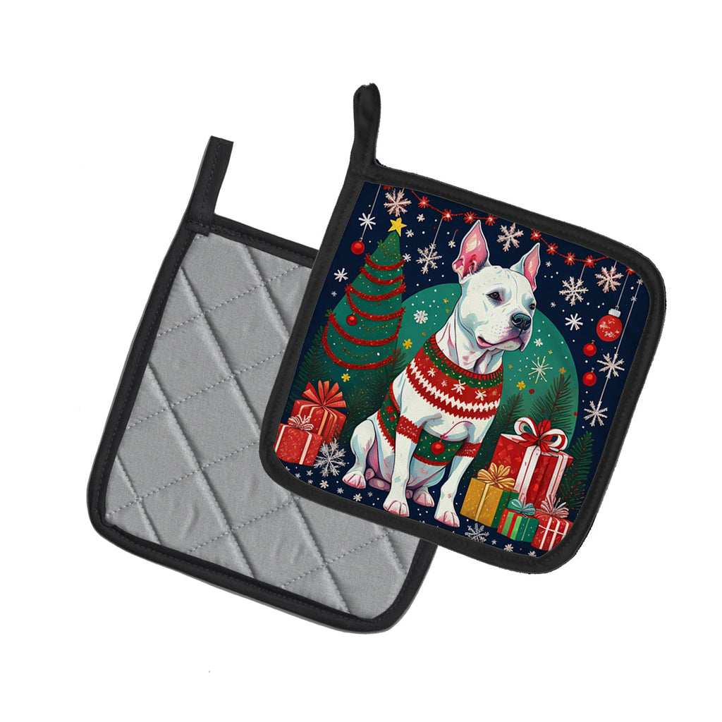White Pit Bull Terrier Christmas Pot Holder Set of 2 Heat Resistant Quilted Hot Pads 7.5 x 7.5 Inch, Insulated Kitchen Trivets for Cooking & Baking