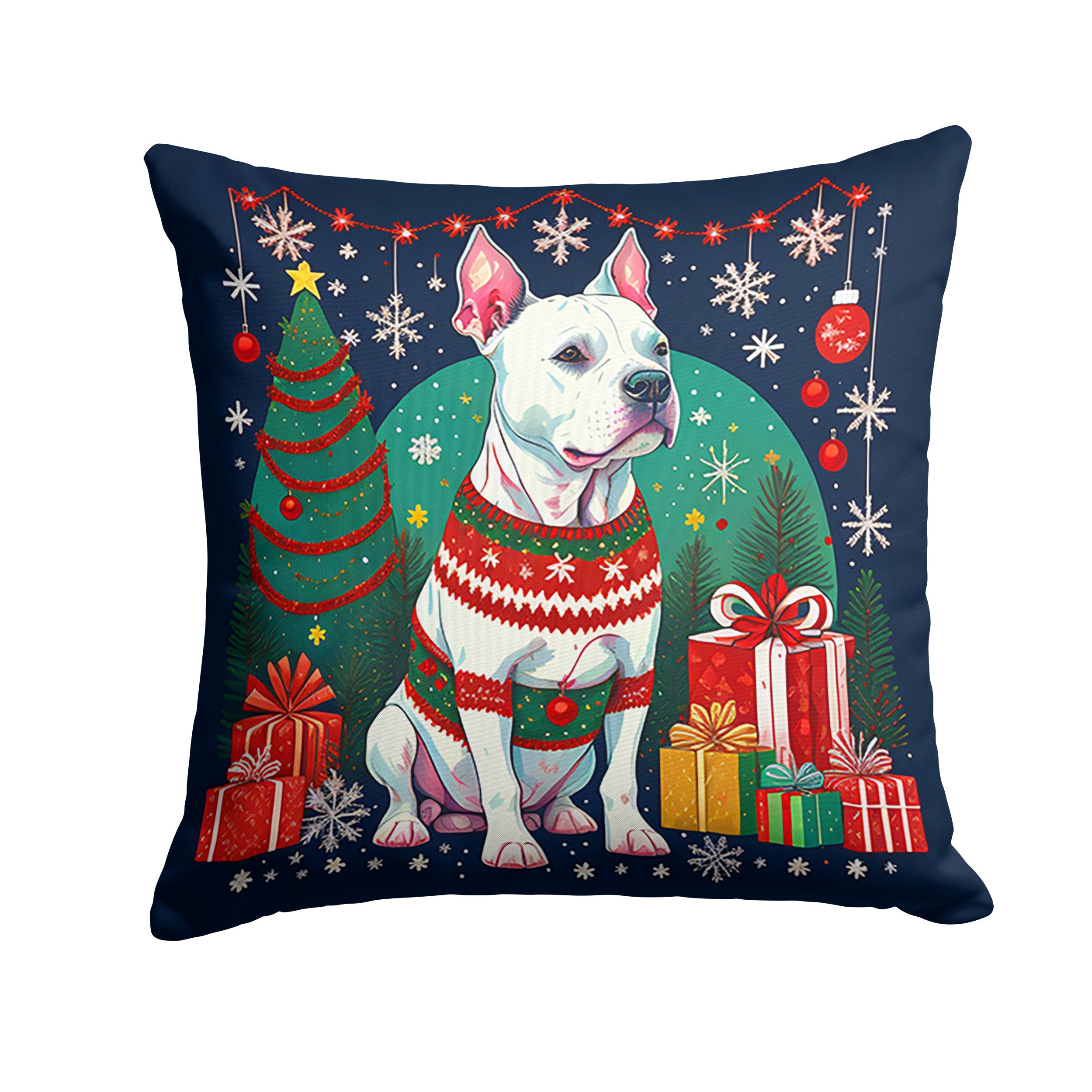 White Pit Bull Terrier Christmas Decorative Throw Pillow 14x14 Indoor Outdoor Accent Cushion, Fabric Cover with Insert for Sofa, Bed, Porch & Living Room