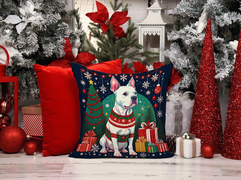 White Pit Bull Terrier Christmas Decorative Throw Pillow 14x14 Indoor Outdoor Accent Cushion, Fabric Cover with Insert for Sofa, Bed, Porch & Living Room