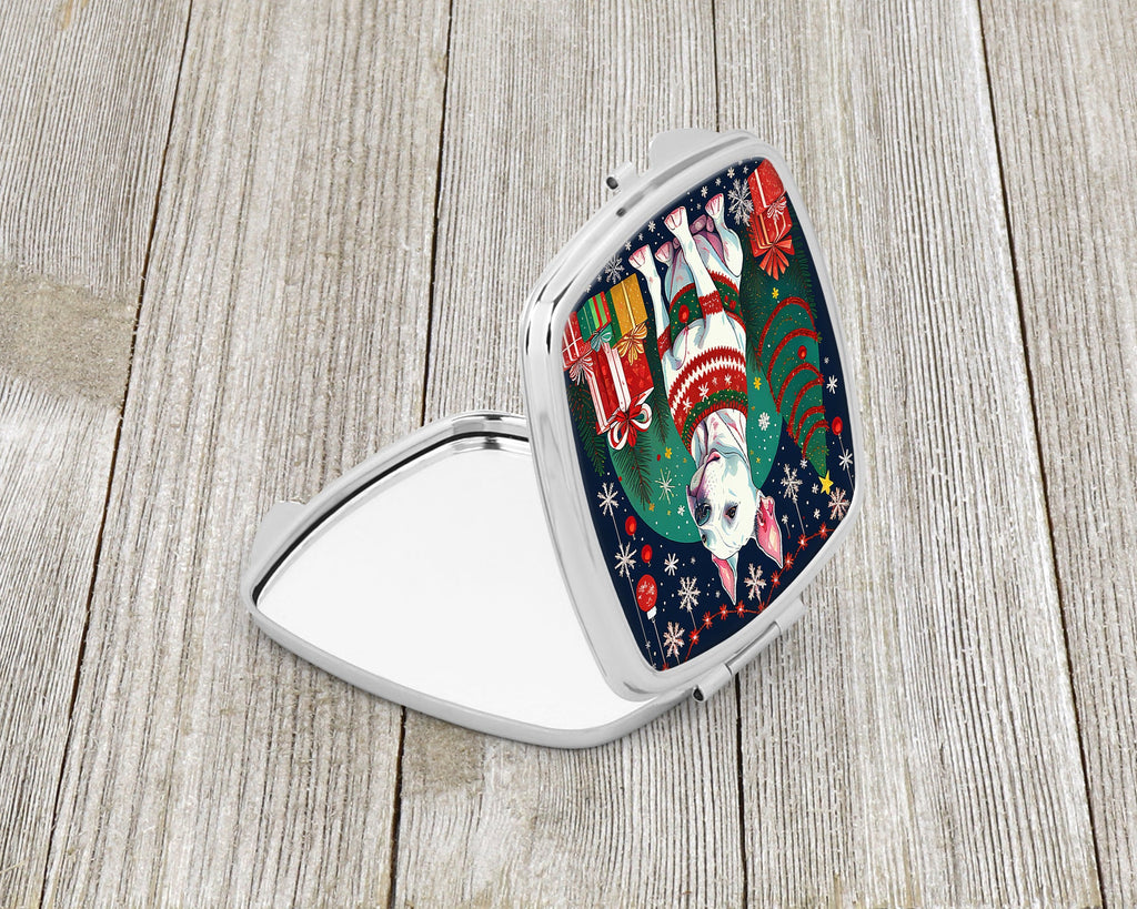 White Pit Bull Terrier Christmas Compact Mirror Decorative Travel Makeup Mirror for Women Girls Gifts Pocket Makeup Mirror Folding Handheld
