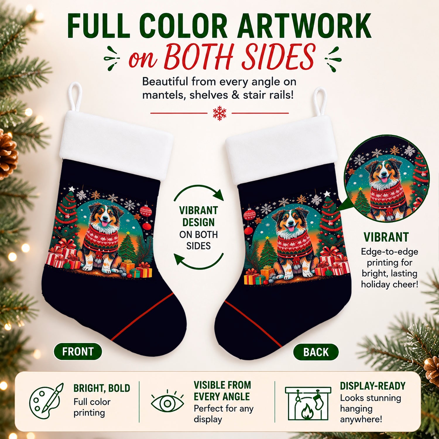 Australian Shepherd Christmas Holiday Stocking Double-Sided Print, Polyester Suede,11x18, Made in USA