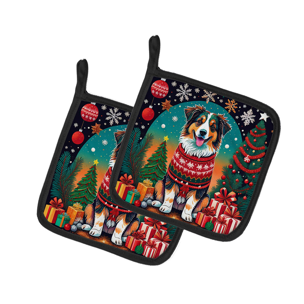 Australian Shepherd Christmas Pot Holder Set of 2 Heat Resistant Quilted Hot Pads 7.5 x 7.5 Inch, Insulated Kitchen Trivets for Cooking & Baking