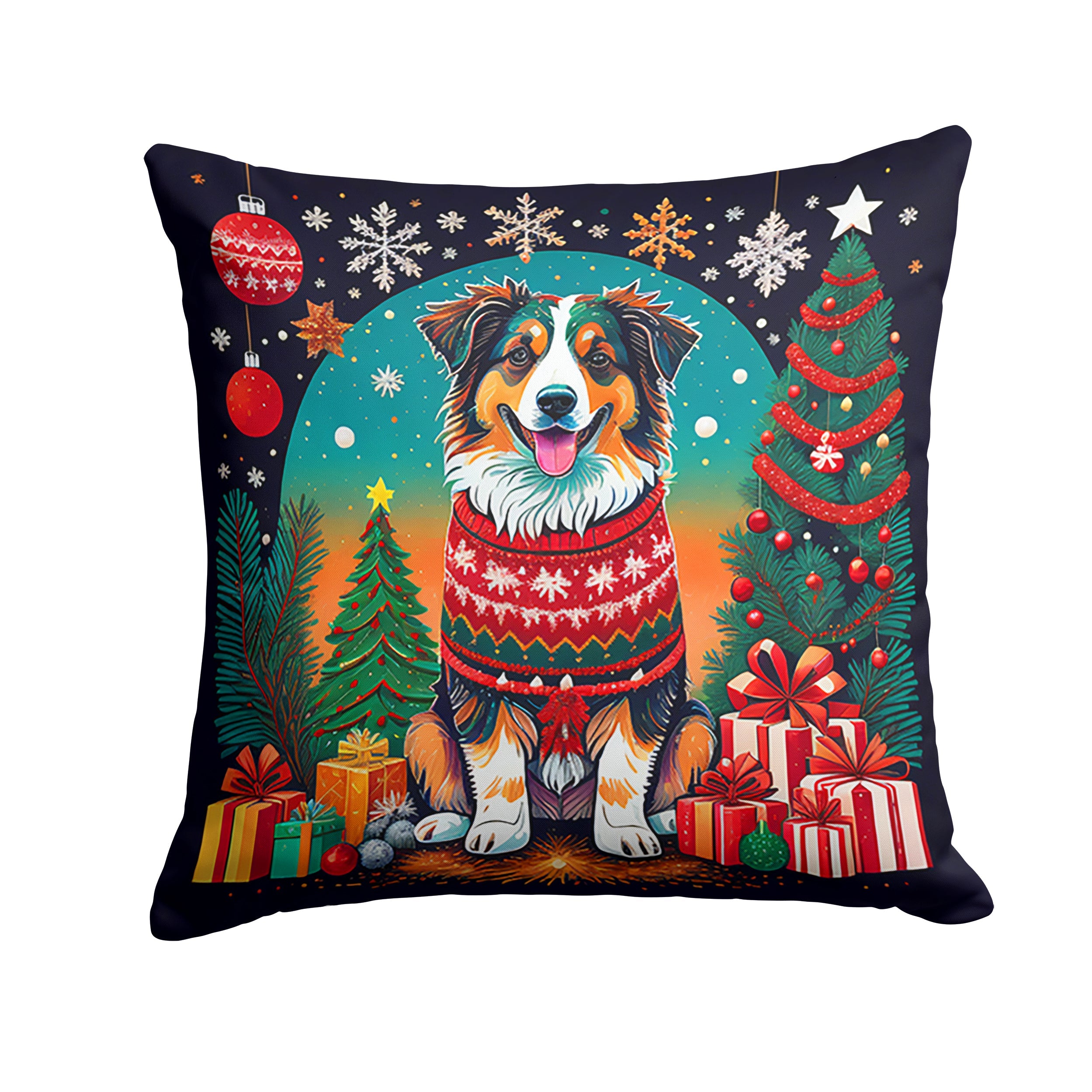 Australian Shepherd Christmas Decorative Throw Pillow 14x14 Indoor Outdoor Accent Cushion, Fabric Cover with Insert for Sofa, Bed, Porch & Living Room