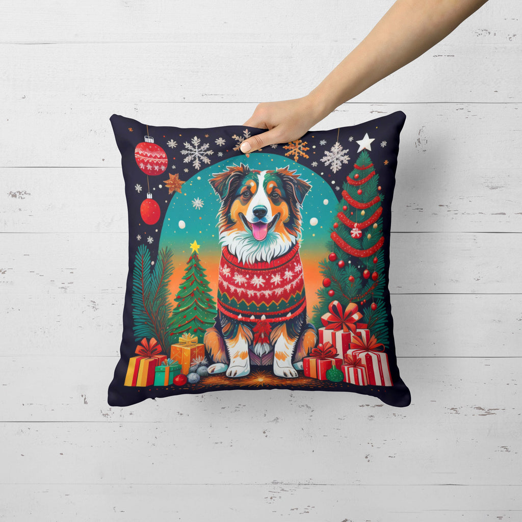 Australian Shepherd Christmas Decorative Throw Pillow 14x14 Indoor Outdoor Accent Cushion, Fabric Cover with Insert for Sofa, Bed, Porch & Living Room