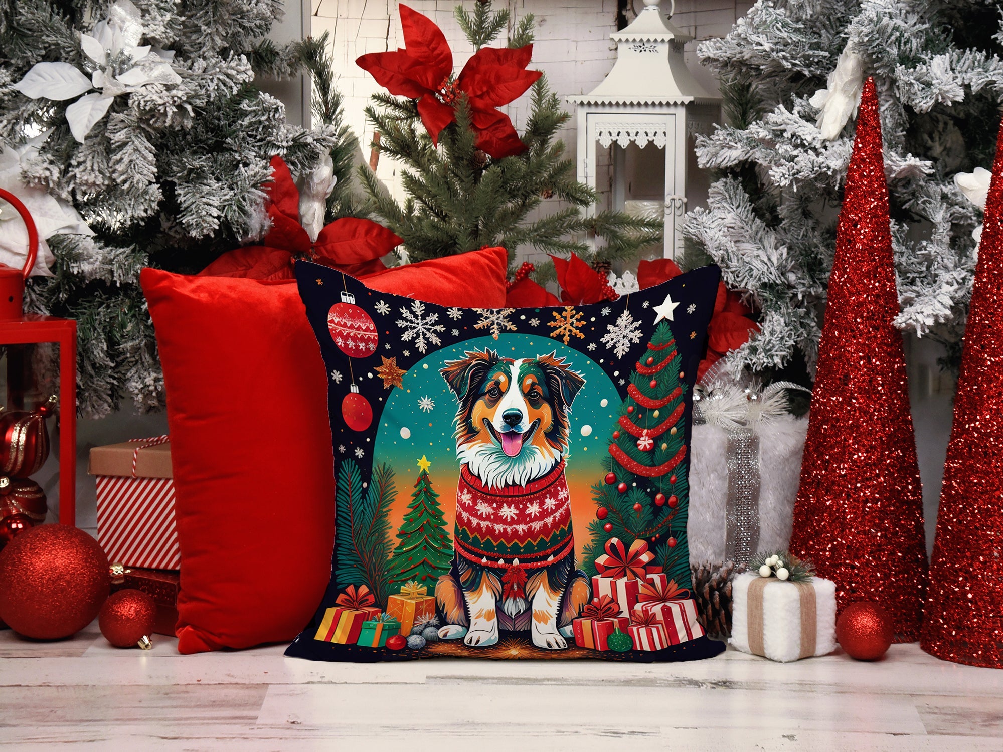 Australian Shepherd Christmas Decorative Throw Pillow 18x18 Indoor Outdoor Accent Cushion, Fabric Cover with Insert for Sofa, Bed, Porch & Living Room
