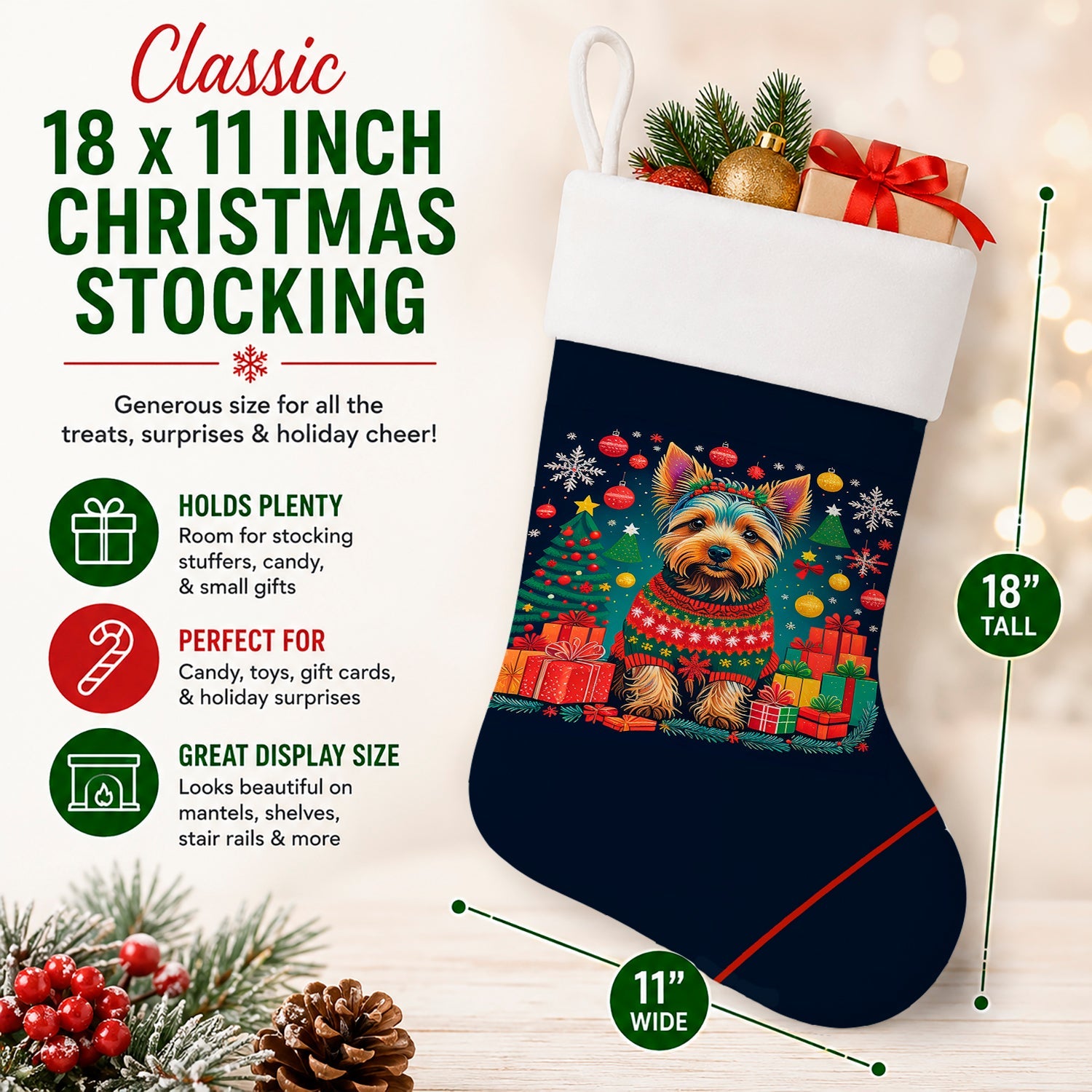 Australian Terrier Christmas Holiday Stocking Double-Sided Print, Polyester Suede,11x18, Made in USA