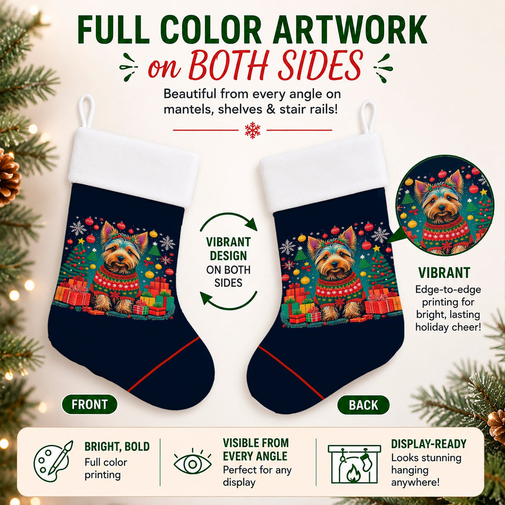 Australian Terrier Christmas Holiday Stocking Double-Sided Print, Polyester Suede,11x18, Made in USA