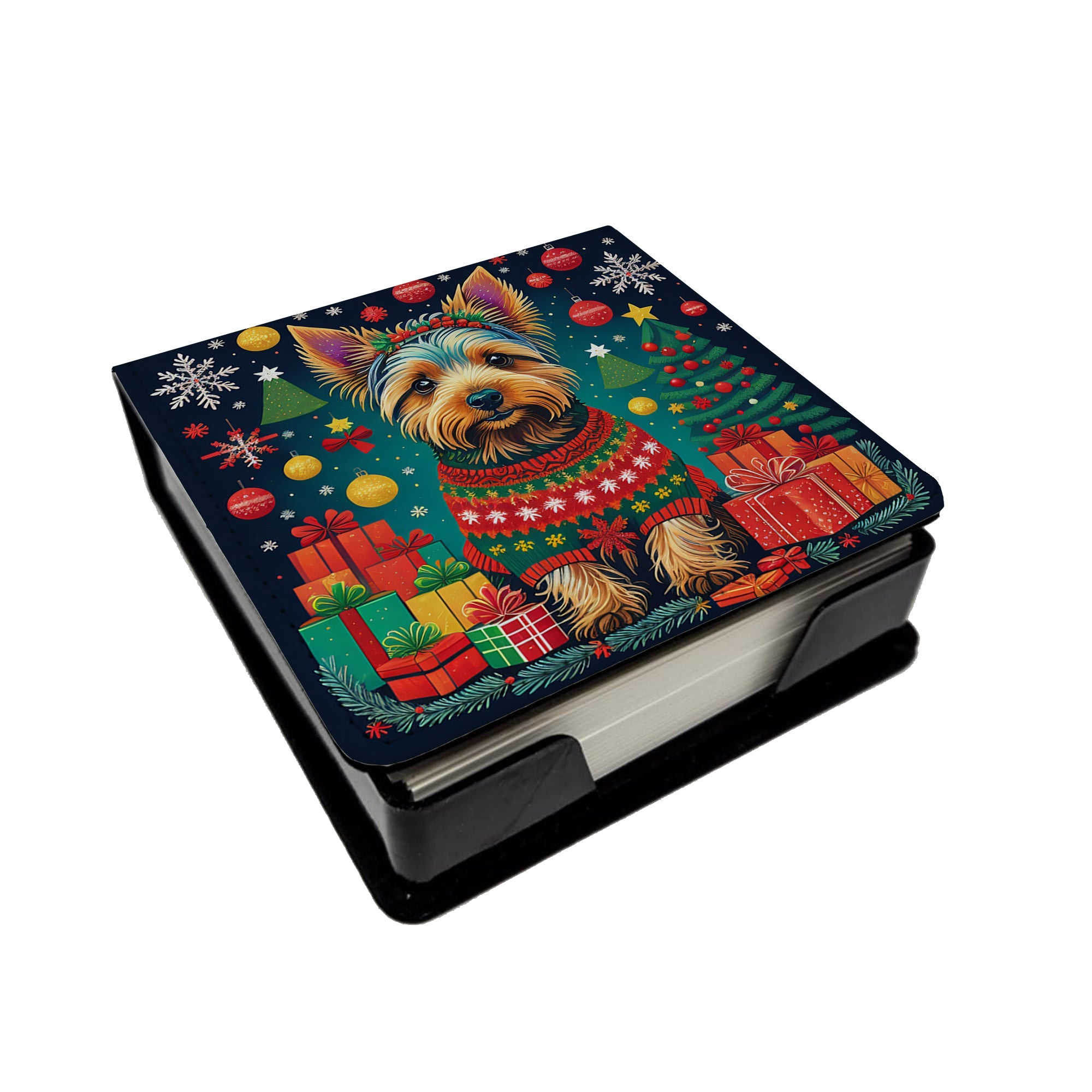 Australian Terrier Christmas PU Leather Note Paper Holder with Artist-Designed Cover, Desk Accessory, Office Gift