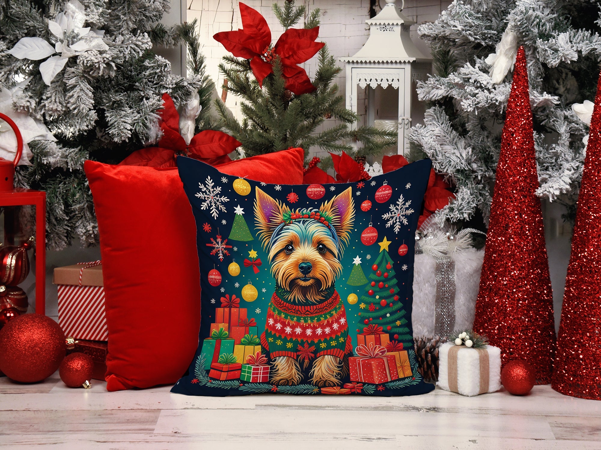 Australian Terrier Christmas Decorative Throw Pillow 14x14 Indoor Outdoor Accent Cushion, Fabric Cover with Insert for Sofa, Bed, Porch & Living Room