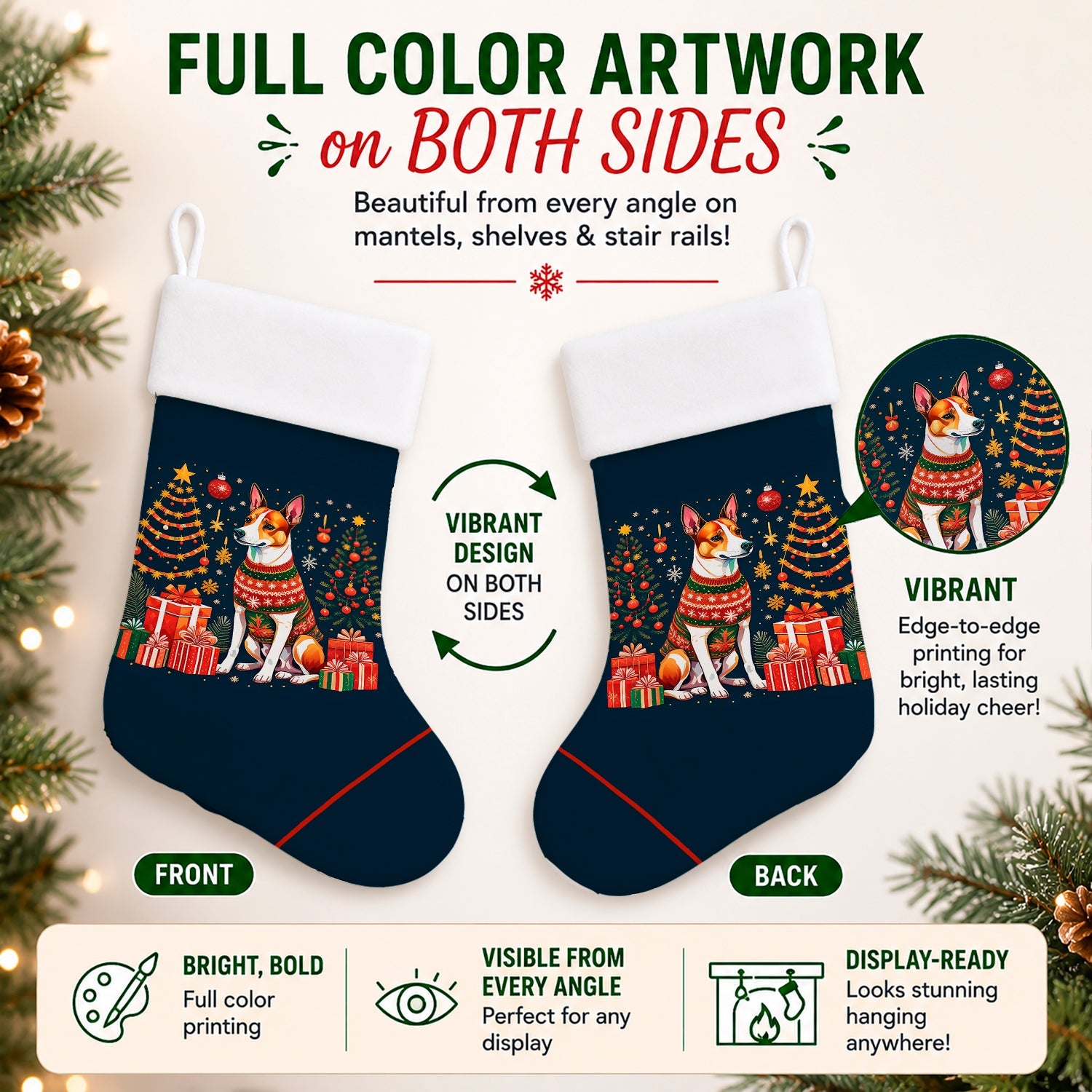 Basenji Christmas Holiday Stocking Double-Sided Print, Polyester Suede,11x18, Made in USA