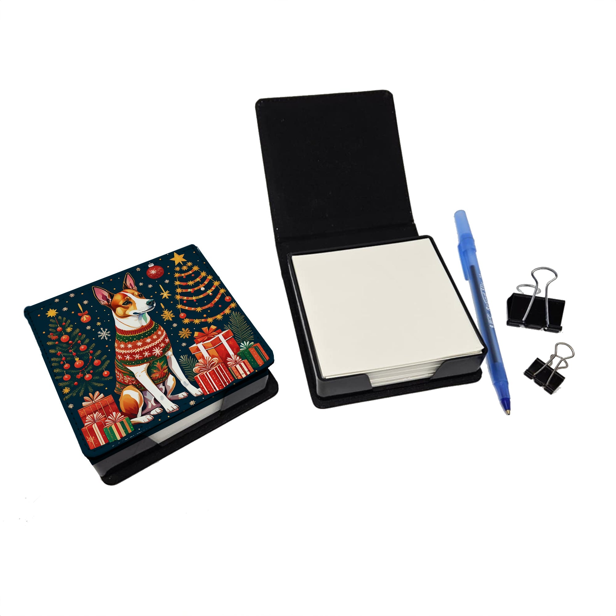 Basenji Christmas PU Leather Note Paper Holder with Artist-Designed Cover, Desk Accessory, Office Gift