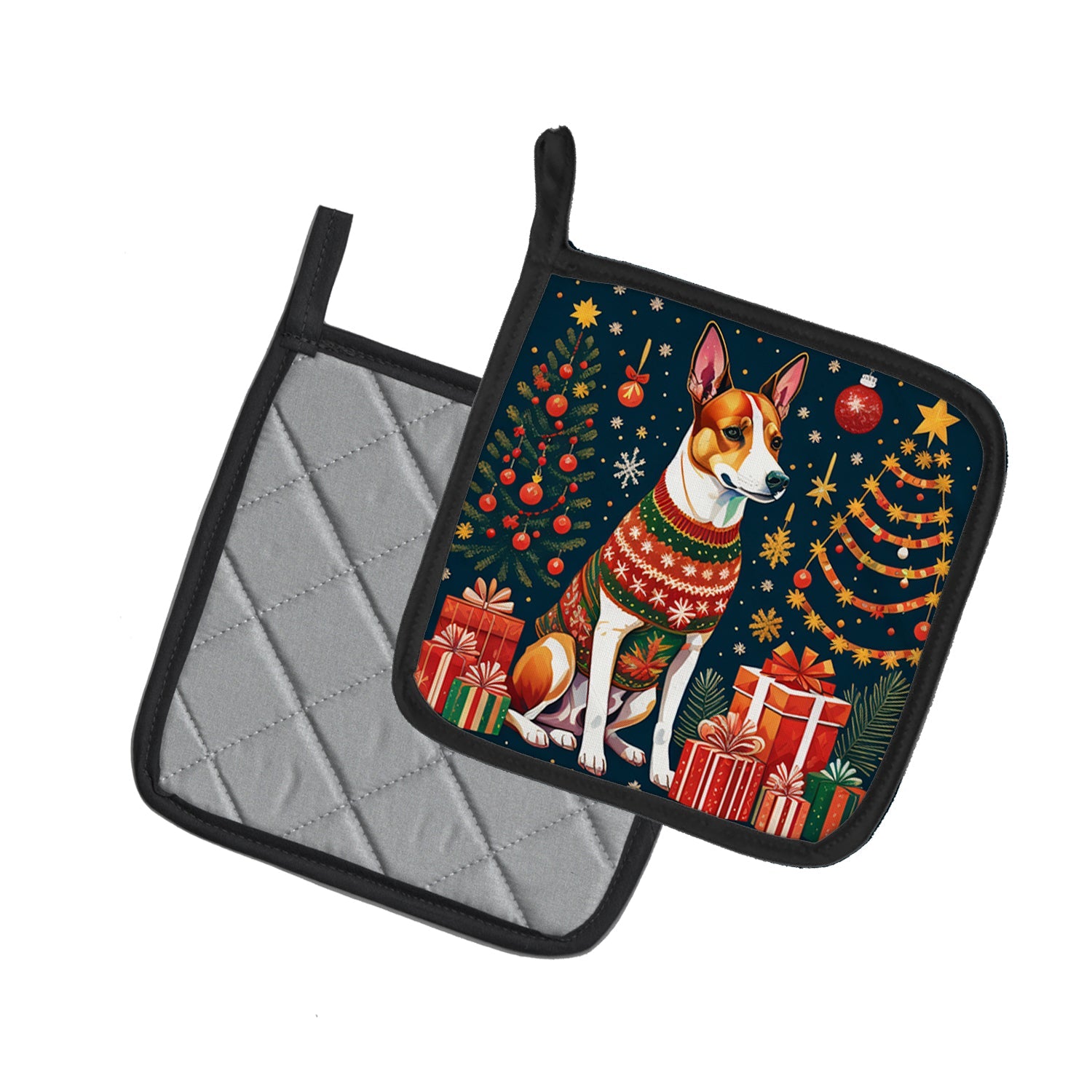 Basenji Christmas Pot Holder Set of 2 Heat Resistant Quilted Hot Pads 7.5 x 7.5 Inch, Insulated Kitchen Trivets for Cooking & Baking