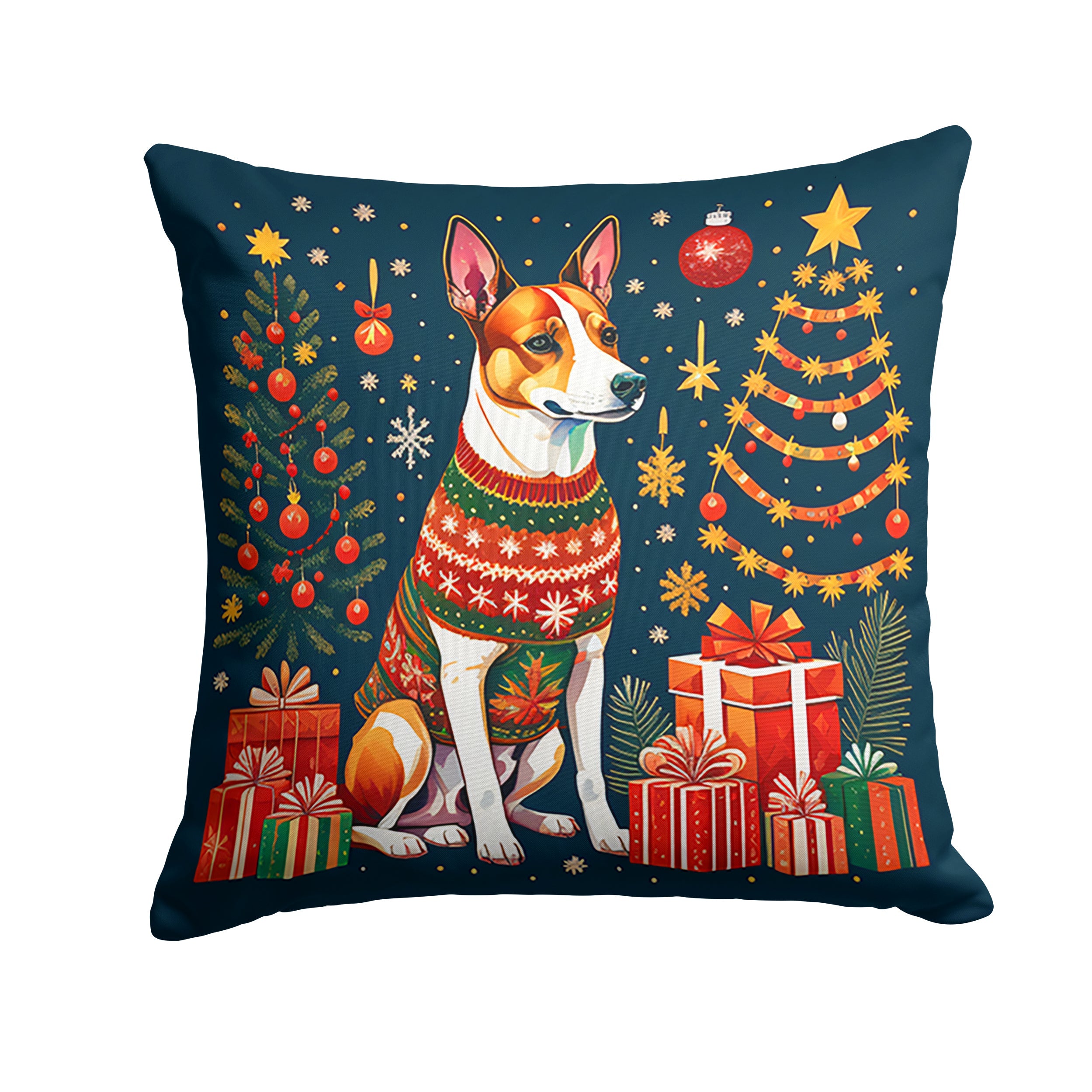Basenji Christmas Decorative Throw Pillow 14x14 Indoor Outdoor Accent Cushion, Fabric Cover with Insert for Sofa, Bed, Porch & Living Room