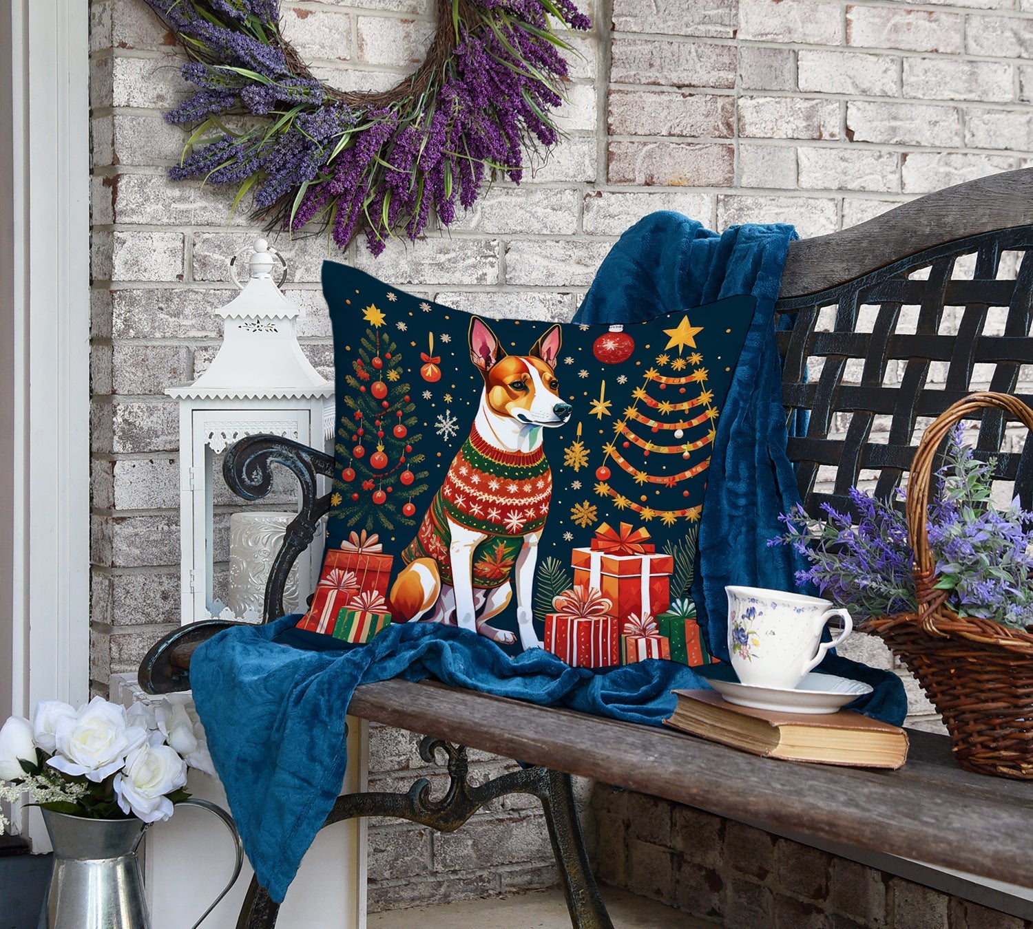 Basenji Christmas Decorative Throw Pillow 18x18 Indoor Outdoor Accent Cushion, Fabric Cover with Insert for Sofa, Bed, Porch & Living Room