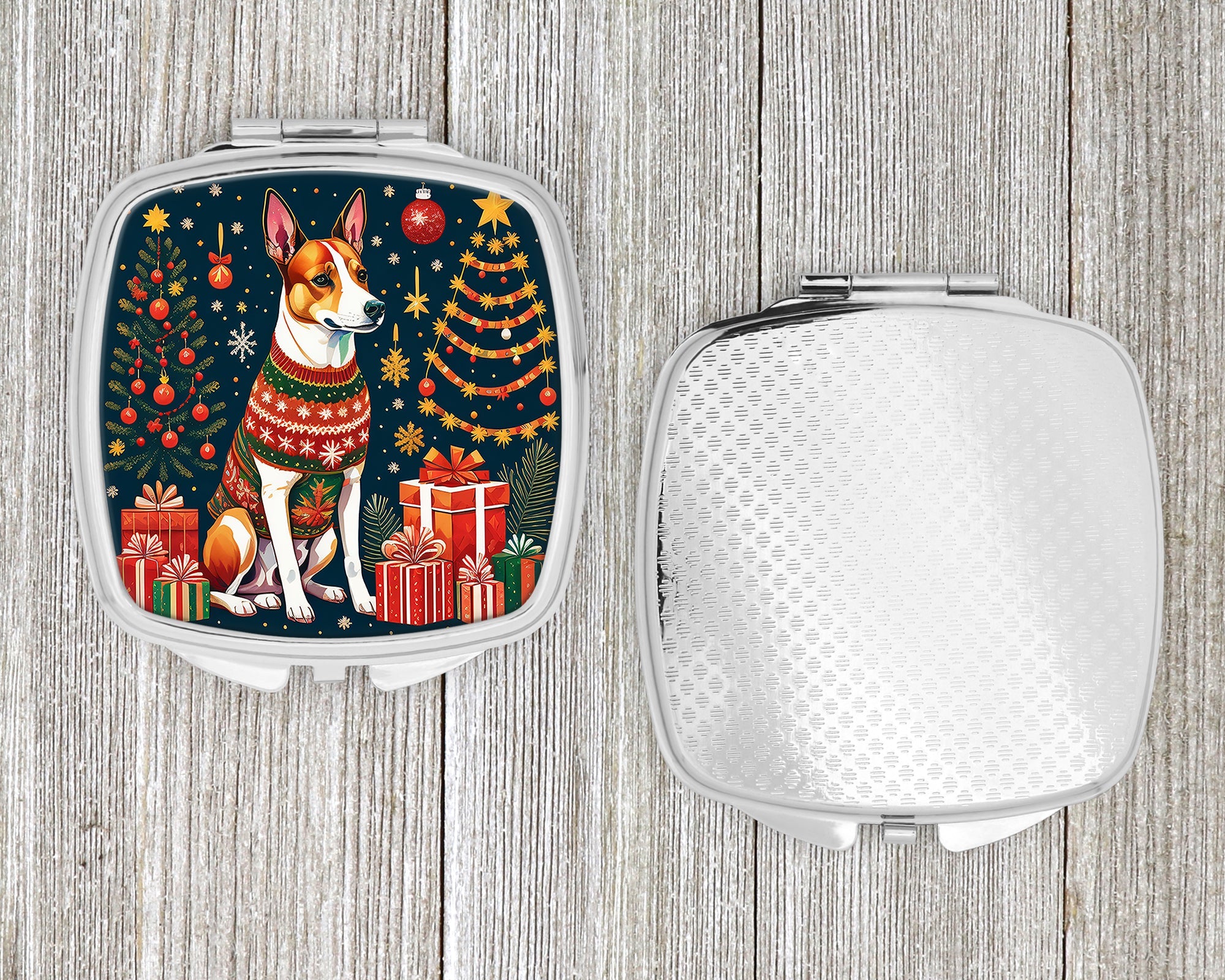 Basenji Christmas Compact Mirror Decorative Travel Makeup Mirror for Women Girls Gifts Pocket Makeup Mirror Folding Handheld