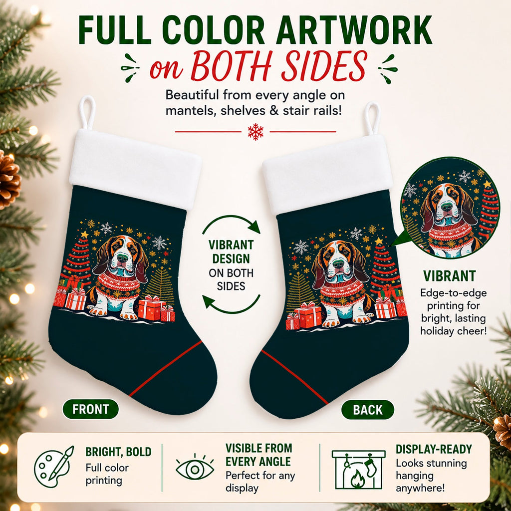 Basset Hound Christmas Holiday Stocking Double-Sided Print, Polyester Suede,11x18, Made in USA