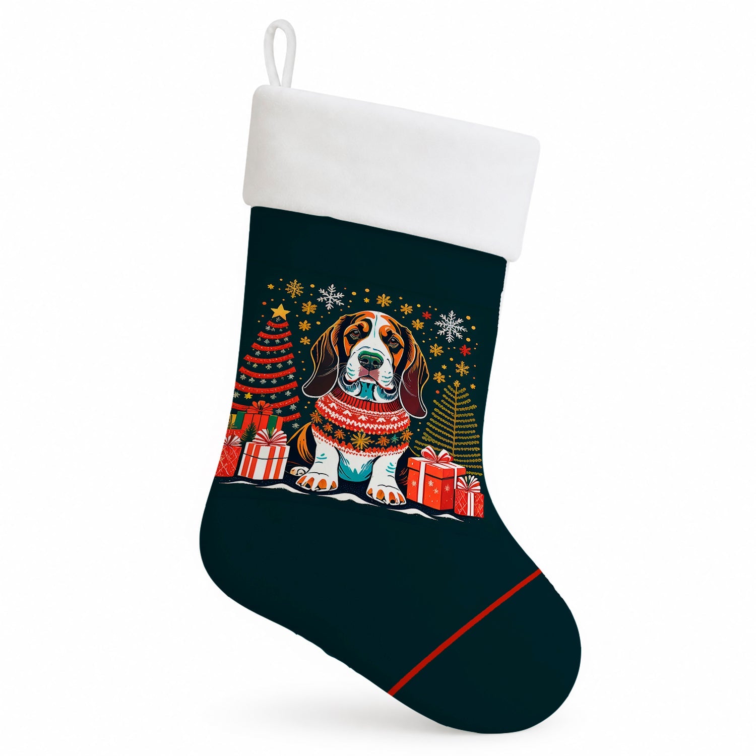 Basset Hound Christmas Holiday Stocking Double-Sided Print, Polyester Suede,11x18, Made in USA