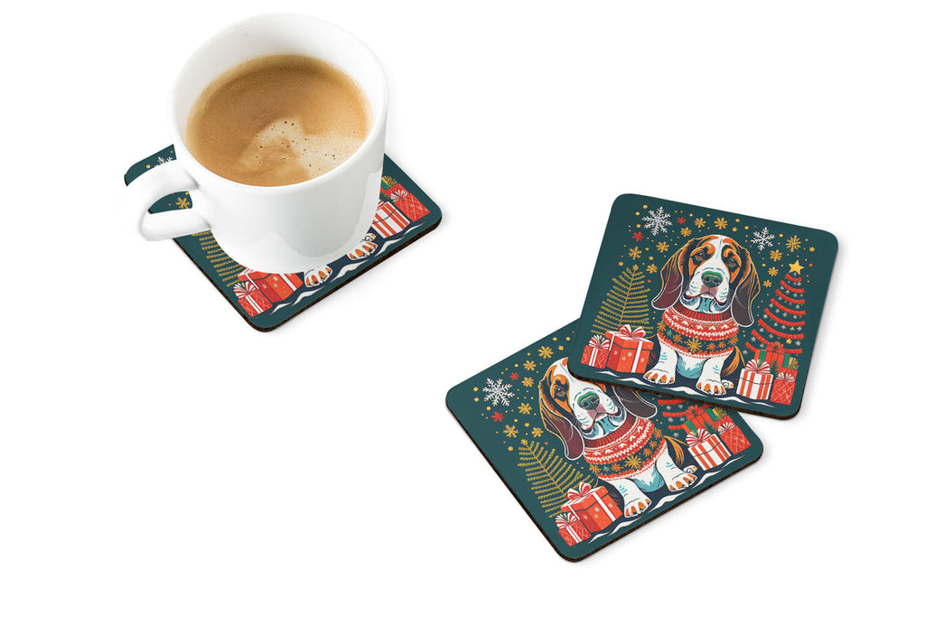 Basset Hound Christmas Foam Coasters Set of 4 Cup Coasters for Indoor Outdoor, Tabletop Protection, Anti Slip, Mouse pad Material