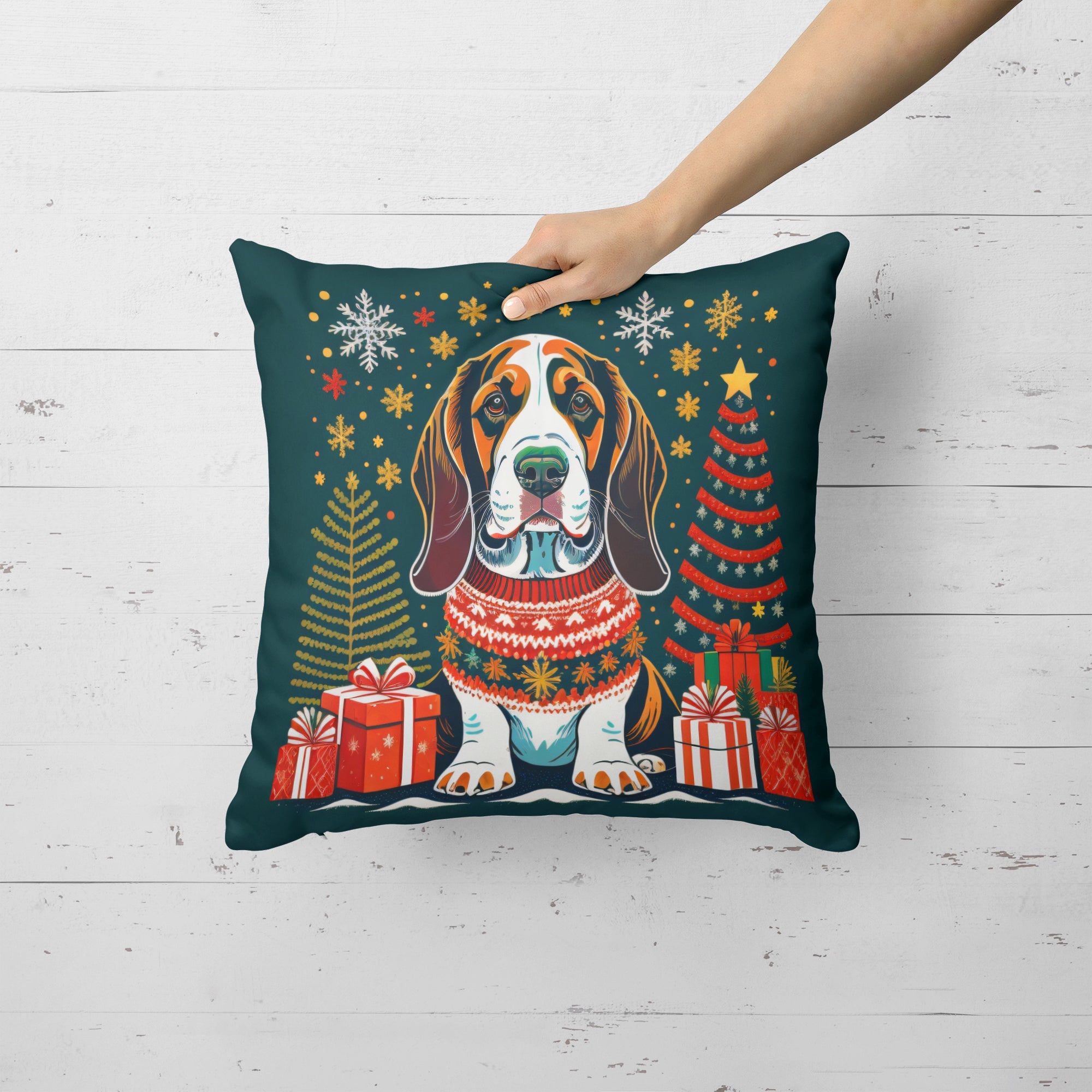 Basset Hound Christmas Decorative Throw Pillow 14x14 Indoor Outdoor Accent Cushion, Fabric Cover with Insert for Sofa, Bed, Porch & Living Room