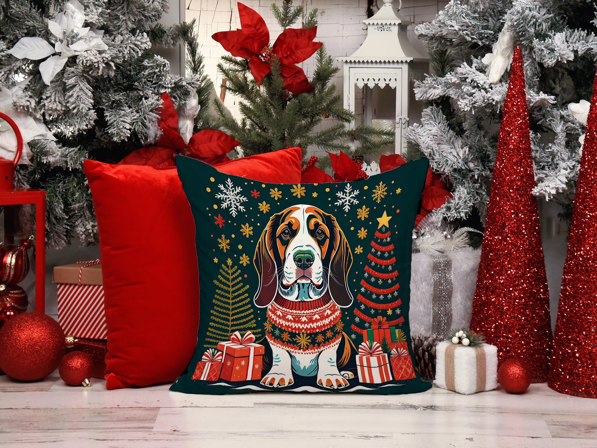 Basset Hound Christmas Decorative Throw Pillow 18x18 Indoor Outdoor Accent Cushion, Fabric Cover with Insert for Sofa, Bed, Porch & Living Room