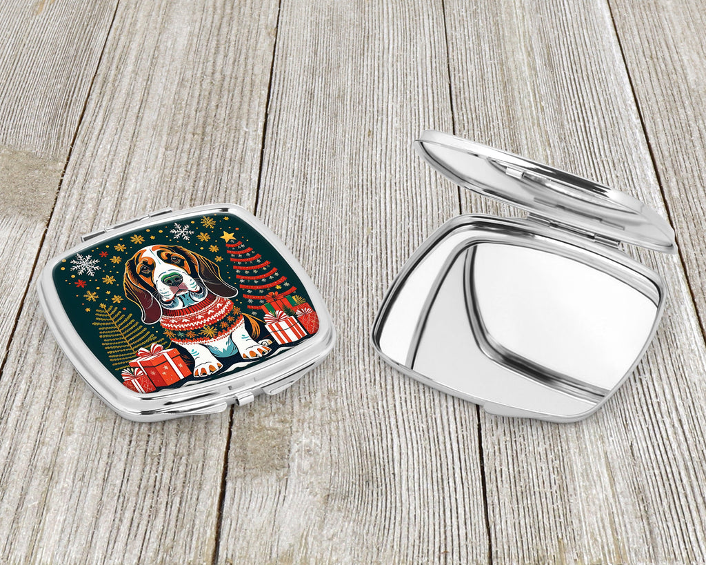Basset Hound Christmas Compact Mirror Decorative Travel Makeup Mirror for Women Girls Gifts Pocket Makeup Mirror Folding Handheld