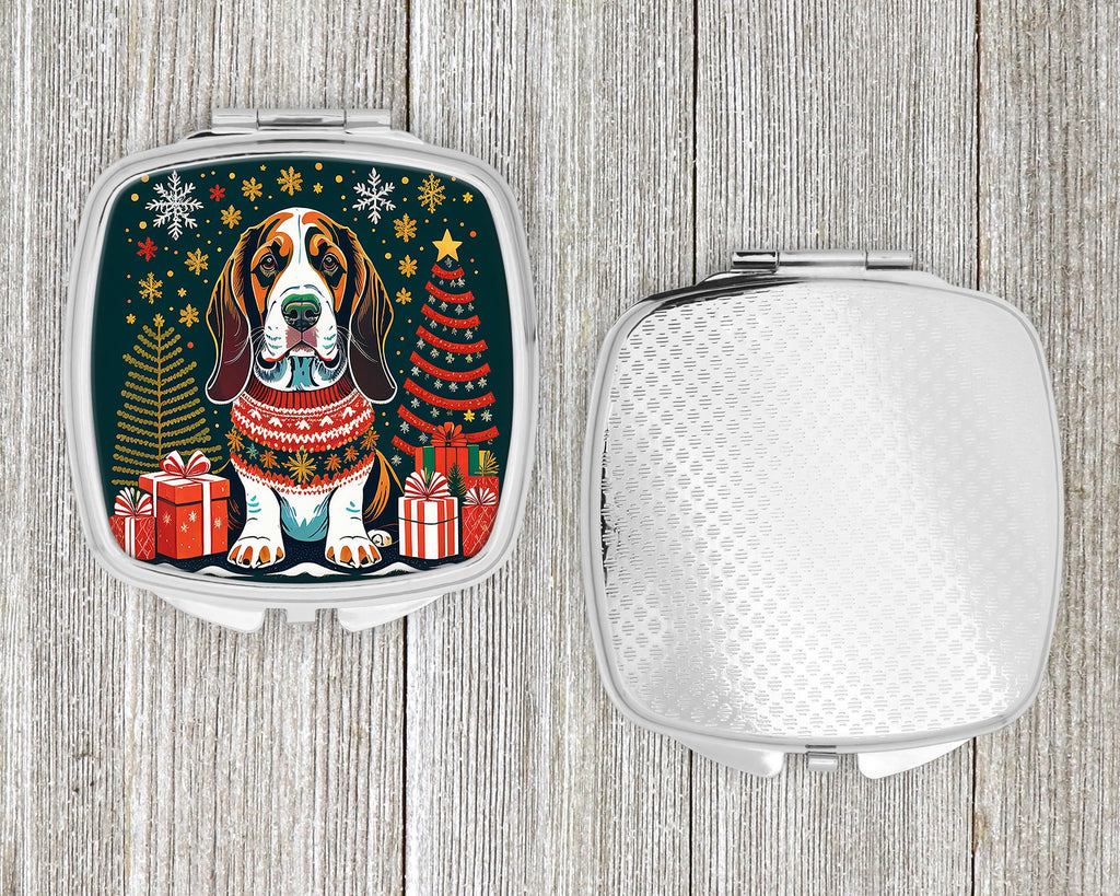 Basset Hound Christmas Compact Mirror Decorative Travel Makeup Mirror for Women Girls Gifts Pocket Makeup Mirror Folding Handheld