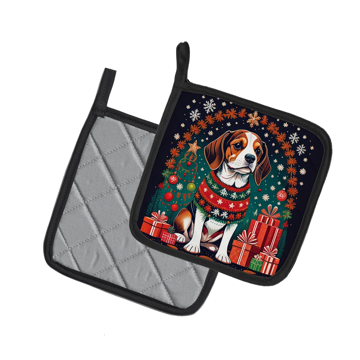 Beagle Christmas Pot Holder Set of 2 Heat Resistant Quilted Hot Pads 7.5 x 7.5 Inch, Insulated Kitchen Trivets for Cooking & Baking