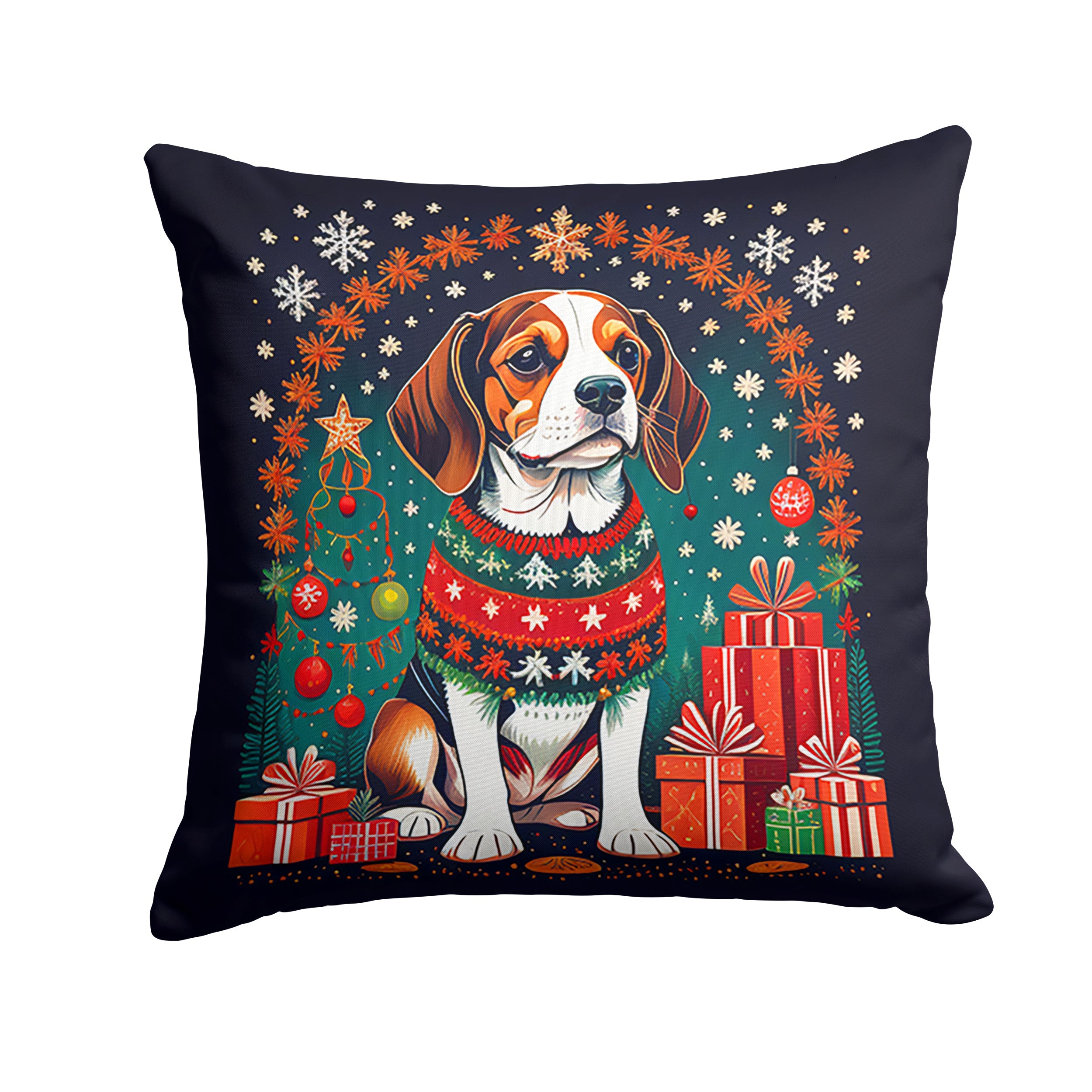 Beagle Christmas Decorative Throw Pillow 14x14 Indoor Outdoor Accent Cushion, Fabric Cover with Insert for Sofa, Bed, Porch & Living Room