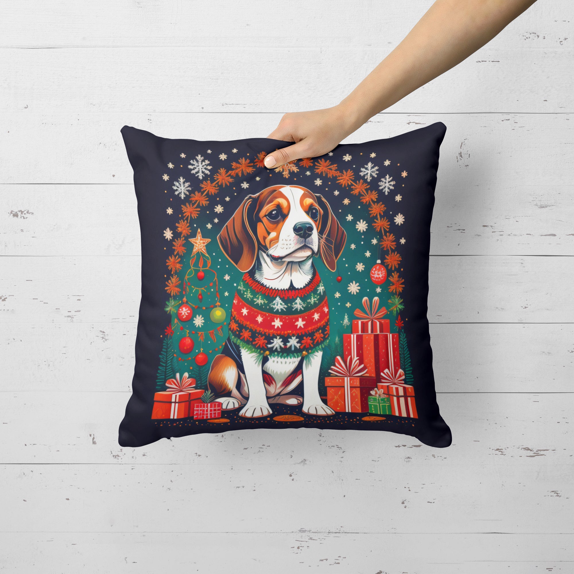 Beagle Christmas Decorative Throw Pillow 14x14 Indoor Outdoor Accent Cushion, Fabric Cover with Insert for Sofa, Bed, Porch & Living Room