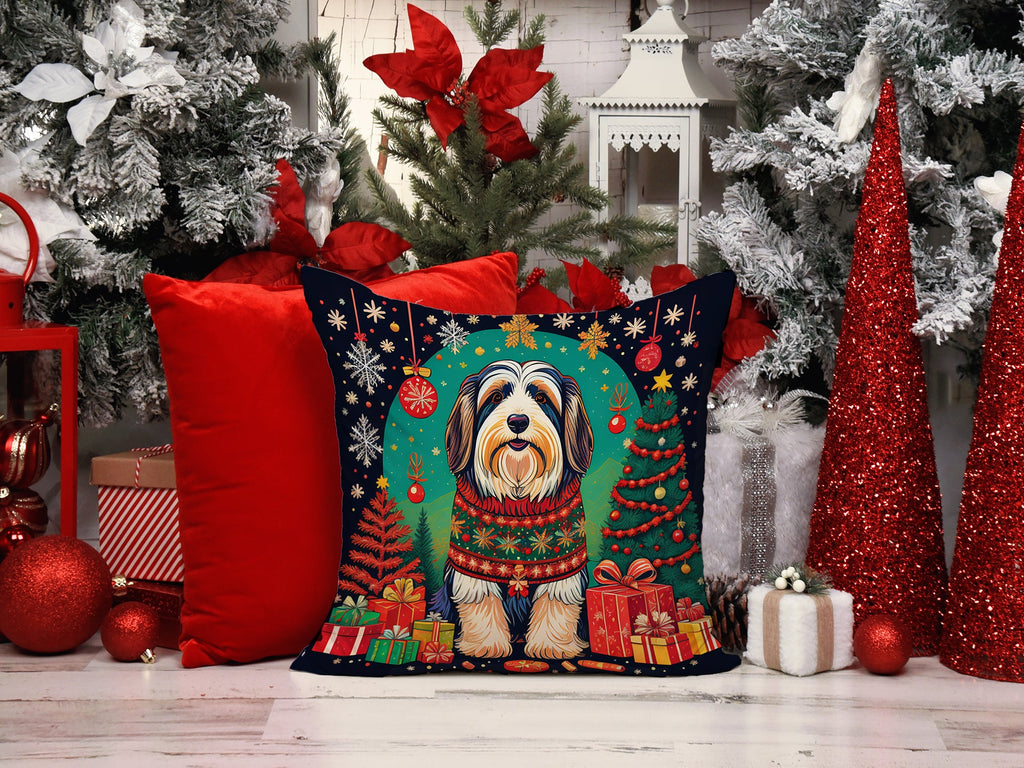 Bearded Collie Christmas Decorative Throw Pillow 14x14 Indoor Outdoor Accent Cushion, Fabric Cover with Insert for Sofa, Bed, Porch & Living Room