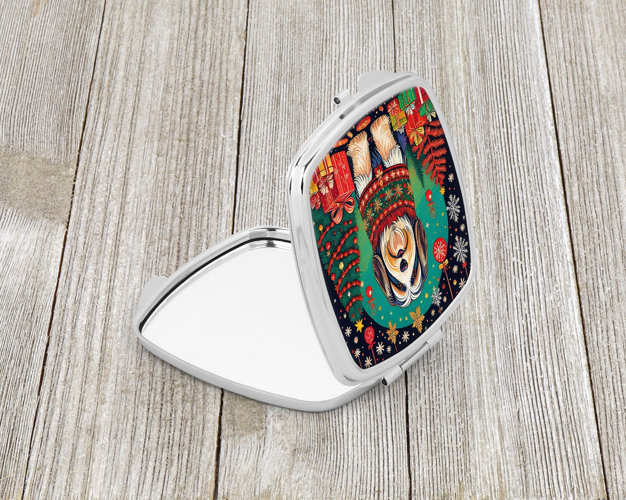 Bearded Collie Christmas Compact Mirror Decorative Travel Makeup Mirror for Women Girls Gifts Pocket Makeup Mirror Folding Handheld