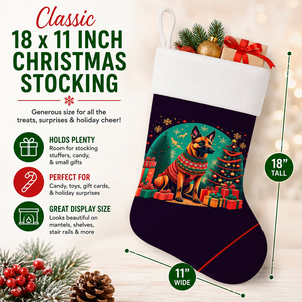 Belgian Malinois Christmas Holiday Stocking Double-Sided Print, Polyester Suede,11x18, Made in USA