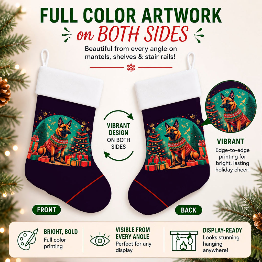 Belgian Malinois Christmas Holiday Stocking Double-Sided Print, Polyester Suede,11x18, Made in USA