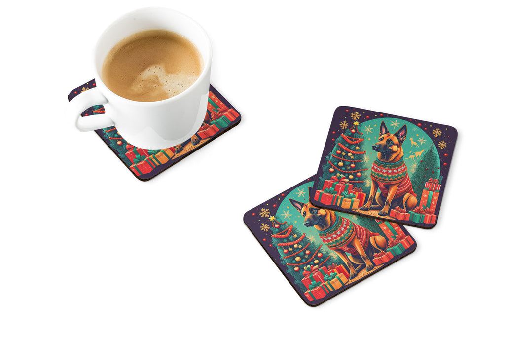 Belgian Malinois Christmas Foam Coasters Set of 4 Cup Coasters for Indoor Outdoor, Tabletop Protection, Anti Slip, Mouse pad Material