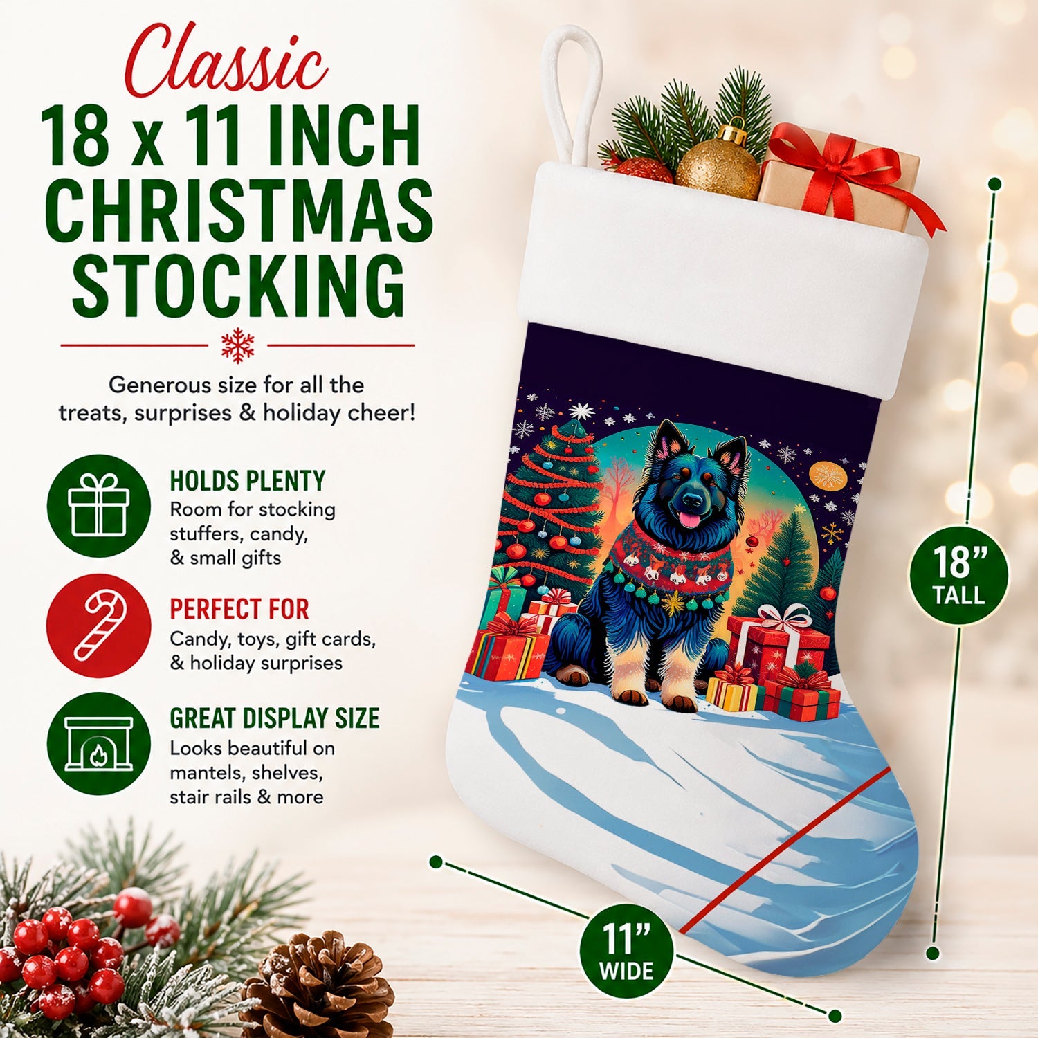 Belgian Sheepdog Christmas Holiday Stocking Double-Sided Print, Polyester Suede,11x18, Made in USA