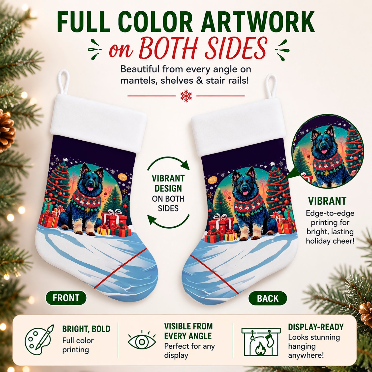 Belgian Sheepdog Christmas Holiday Stocking Double-Sided Print, Polyester Suede,11x18, Made in USA