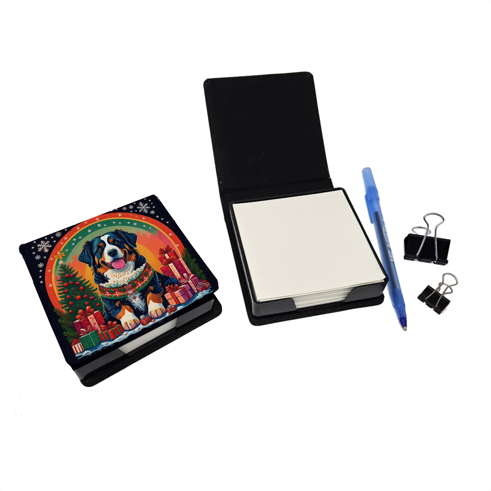 Bernese Mountain Dog Christmas PU Leather Note Paper Holder with Artist-Designed Cover, Desk Accessory, Office Gift