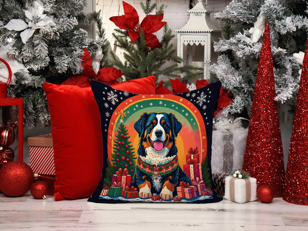 Bernese Mountain Dog Christmas Decorative Throw Pillow 14x14 Indoor Outdoor Accent Cushion, Fabric Cover with Insert for Sofa, Bed, Porch & Living Room