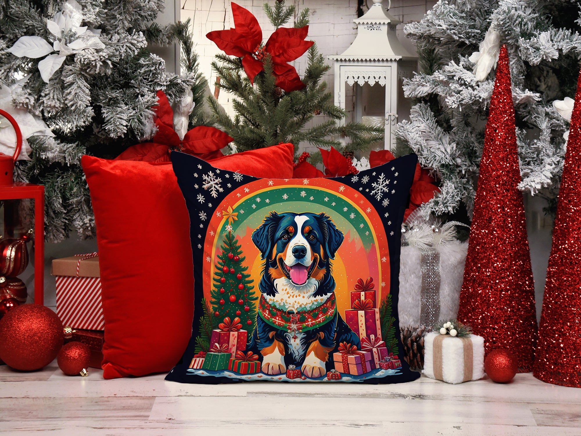 Bernese Mountain Dog Christmas Decorative Throw Pillow 18x18 Indoor Outdoor Accent Cushion, Fabric Cover with Insert for Sofa, Bed, Porch & Living Room