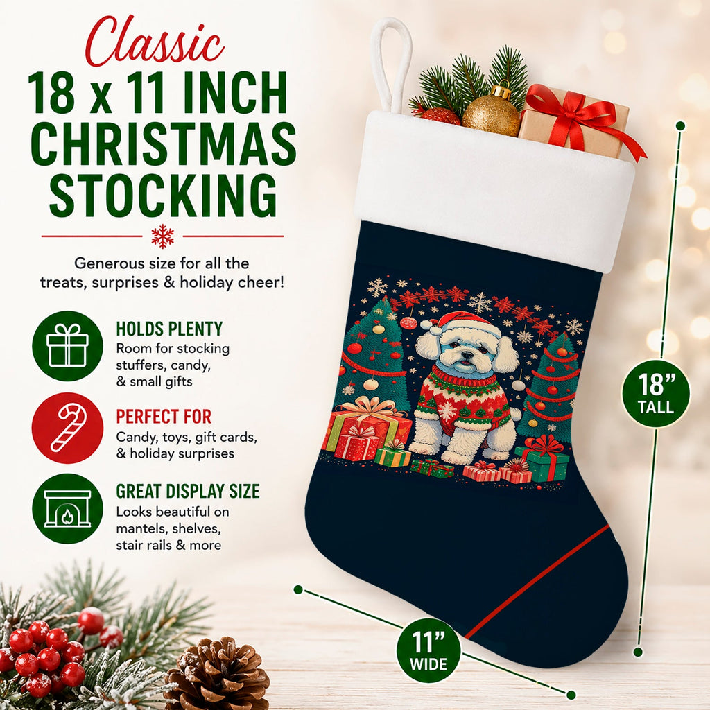 Bichon Frise Christmas Holiday Stocking Double-Sided Print, Polyester Suede,11x18, Made in USA