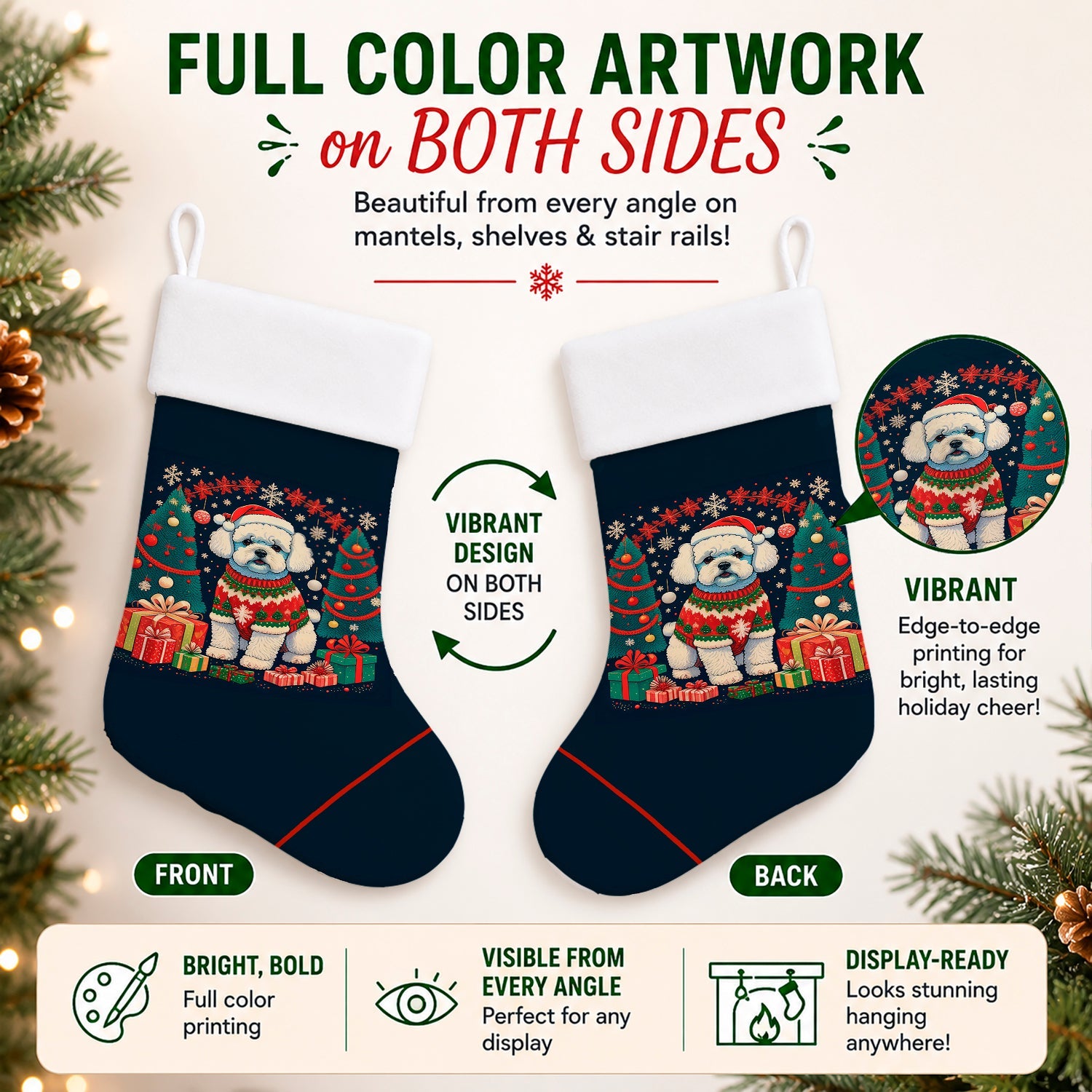 Bichon Frise Christmas Holiday Stocking Double-Sided Print, Polyester Suede,11x18, Made in USA