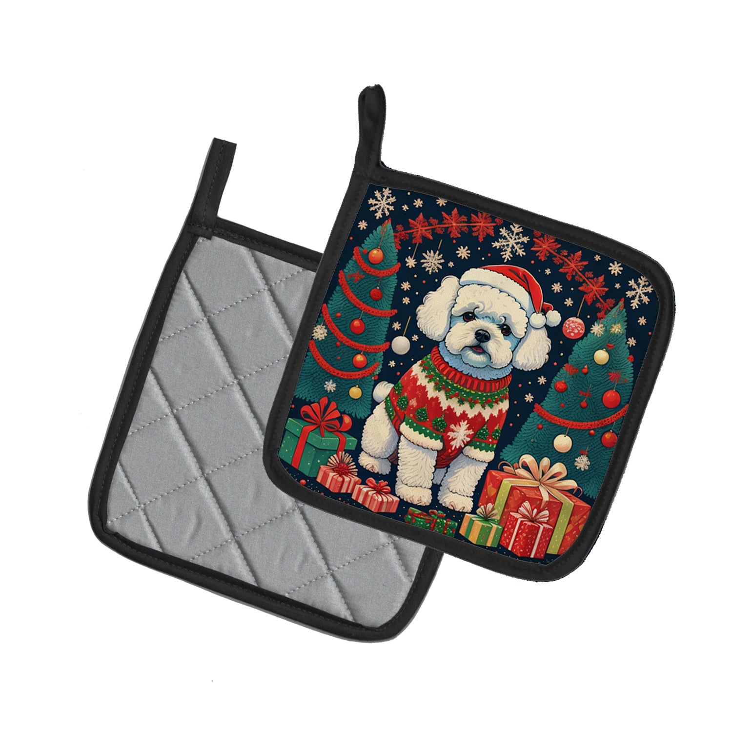 Bichon Frise Christmas Pot Holder Set of 2 Heat Resistant Quilted Hot Pads 7.5 x 7.5 Inch, Insulated Kitchen Trivets for Cooking & Baking
