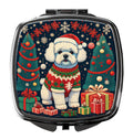 Bichon Frise Christmas Compact Mirror Decorative Travel Makeup Mirror for Women Girls Gifts Pocket Makeup Mirror Folding Handheld