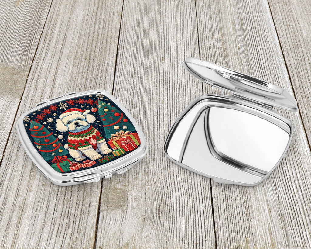 Bichon Frise Christmas Compact Mirror Decorative Travel Makeup Mirror for Women Girls Gifts Pocket Makeup Mirror Folding Handheld