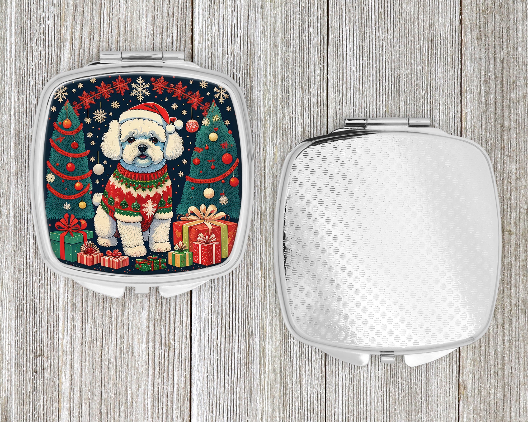 Bichon Frise Christmas Compact Mirror Decorative Travel Makeup Mirror for Women Girls Gifts Pocket Makeup Mirror Folding Handheld