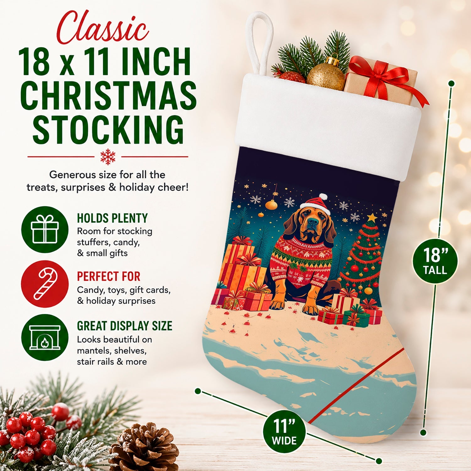 Bloodhound Christmas Holiday Stocking Double-Sided Print, Polyester Suede,11x18, Made in USA